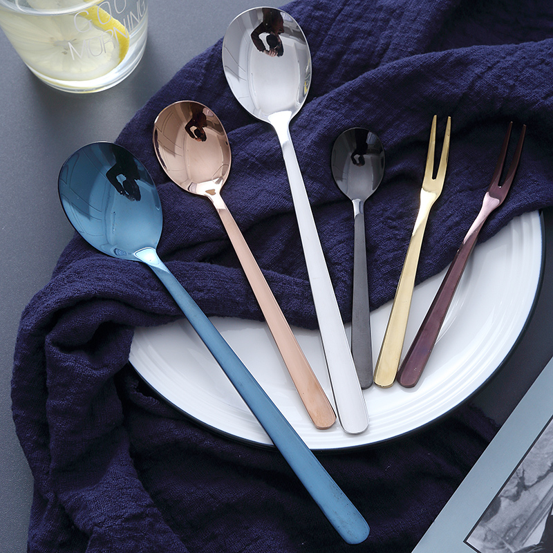 Japanese spoon household with dinner round head spoon 304 stainless steel creative long - handle cute mesh red soup spoon fruit fork