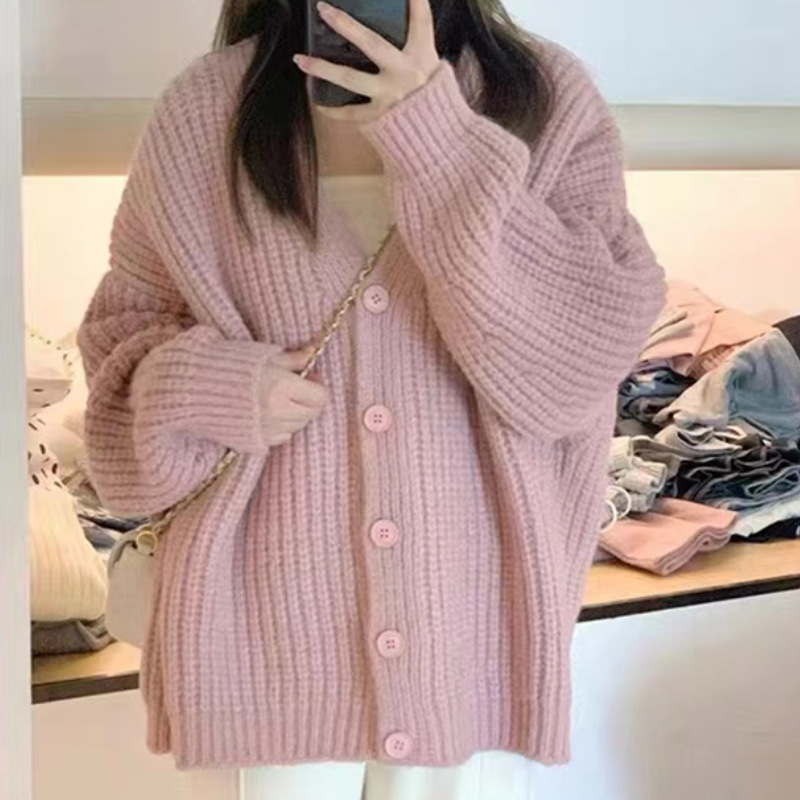New Loose-Fitting Pink Slimming Knitted Cardigan for Women in Spring, Autumn, and Winter, Thick Needlework, Plus Size Women's Clothing, Long-Sleeved Soft Sweater