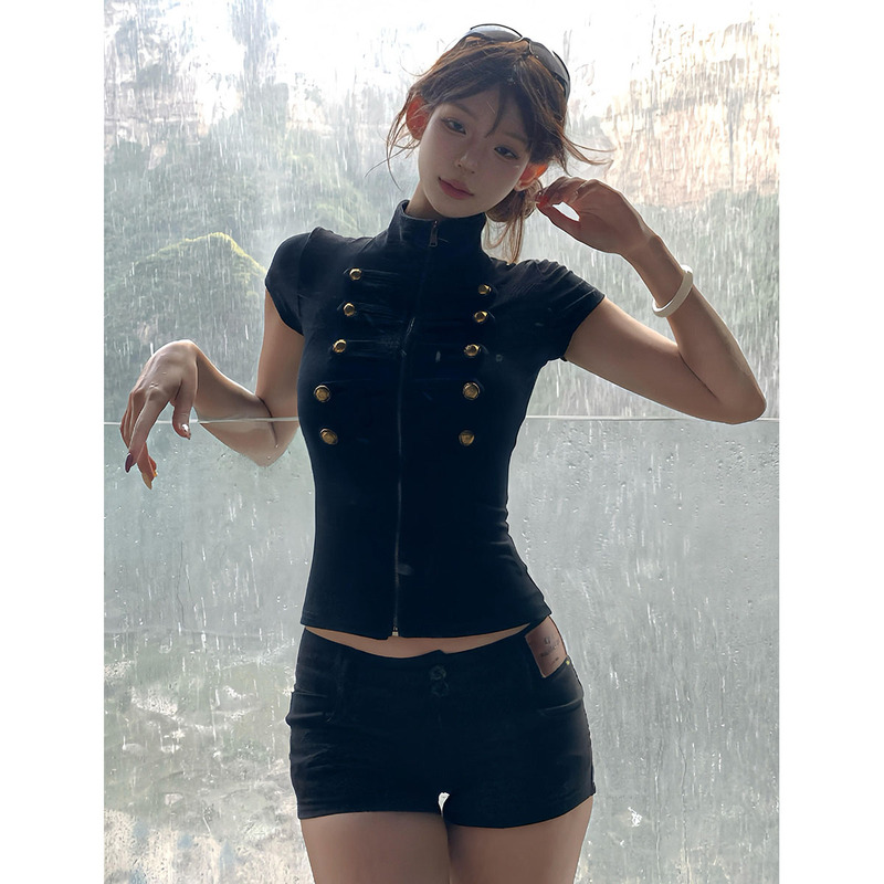 Napoleon Short-Sleeve Women's Summer Metal Buckle Stand Collar Zipper T-Shirt Short Cardigan Sexy Slim-Fit Visual Style Top Napoleon Short-Sleeve Women's Summer Metal Buckle Stand Collar Zipper T-Shirt Short Cardigan Sexy Slim-Fit Visual Style Top