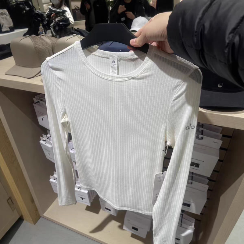 Authentic Direct Mail Alo High-Elasticity Base Layer Yoga Fitness Sports Comfortable Ribbed Texture Long-Sleeve Top T-Shirt