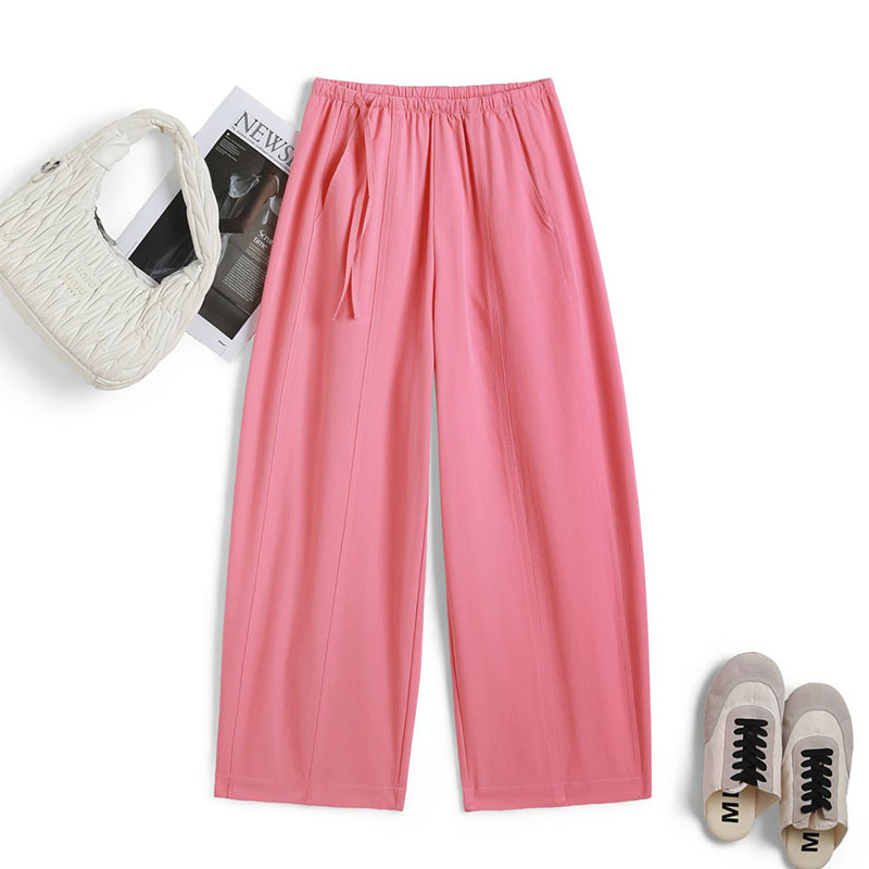 European Style Fashion Simple Elastic Waist Cropped Wide-Leg Pants for Women, Summer Thin Japanese Lazy Style Straight Casual Pants