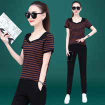 Foreign style striped sports suit female 2021 New Korean fashion short sleeve trousers casual wear two-piece tide ins