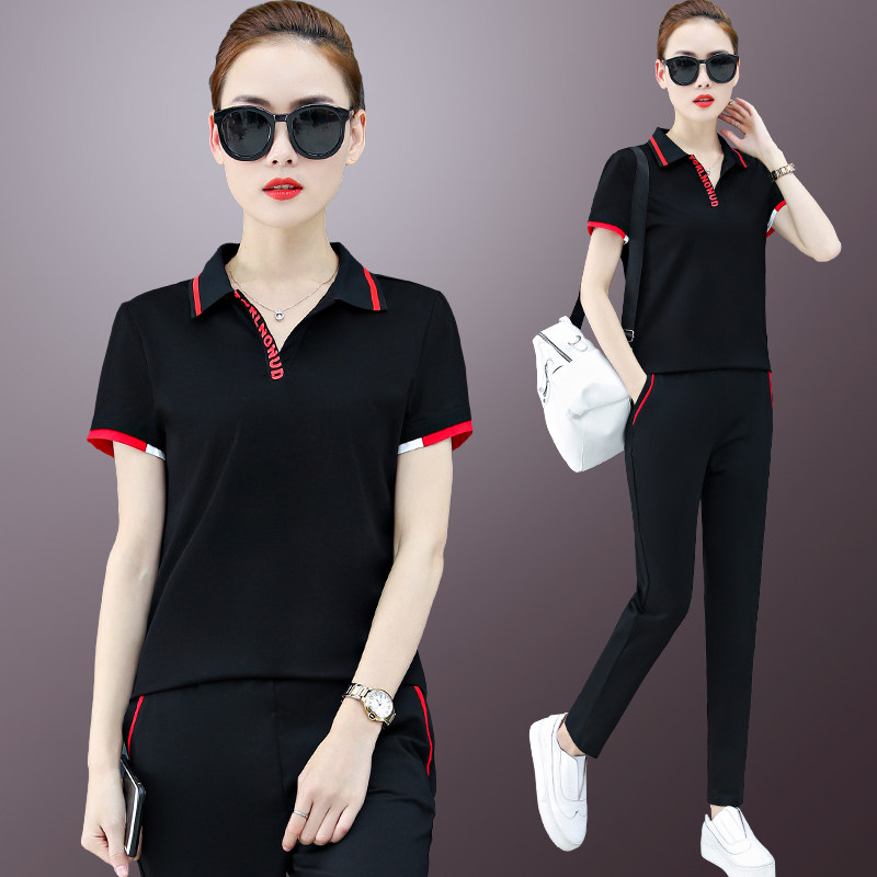2022 Xia Fashion New Korean version Loose Fashion Show Slim Turnover Sportswear Suit Women Casual Short Sleeves Two Sets Tide