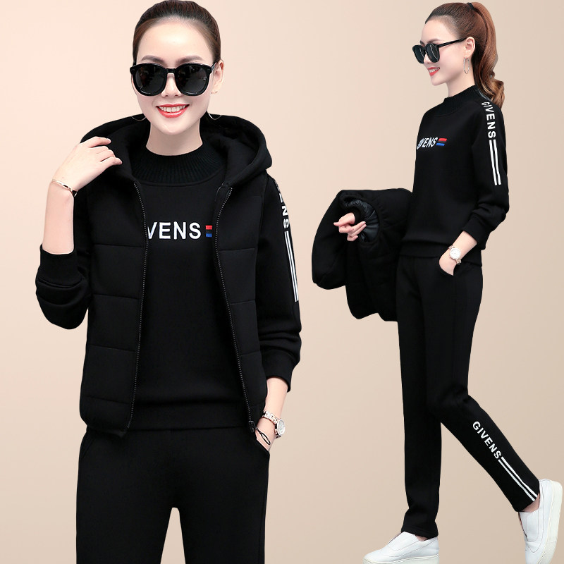 Plus Fleece Thickened Sports Suit Women Winter New Korean Version Fashion Loose Autumn Winter Casual Thick Cotton Dress Three Sets