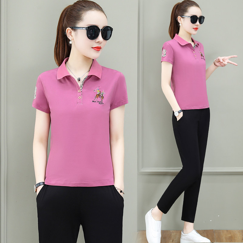 2022 summer new Korean version slim slim lapel short sleeve polo shirt t-shirt casual sports two-piece set women