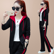 Wide leg pants set women Spring and Autumn 2019 new Korean version of loose size hooded sweater three-piece casual sportswear