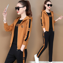 Spring and autumn leisure sportswear set female 2021 New Korean fashion loose thin hooded sweater three-piece set