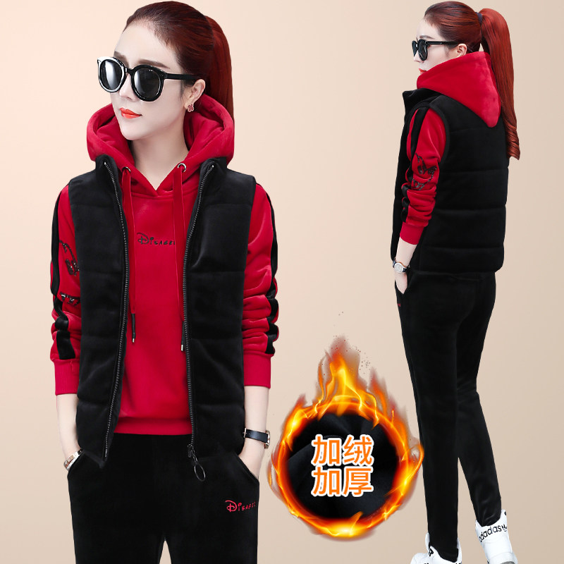 Winter gold velvet sweatshirt with three sets of casual suit women 2022 new even cap loose plus suede thickened sportswear