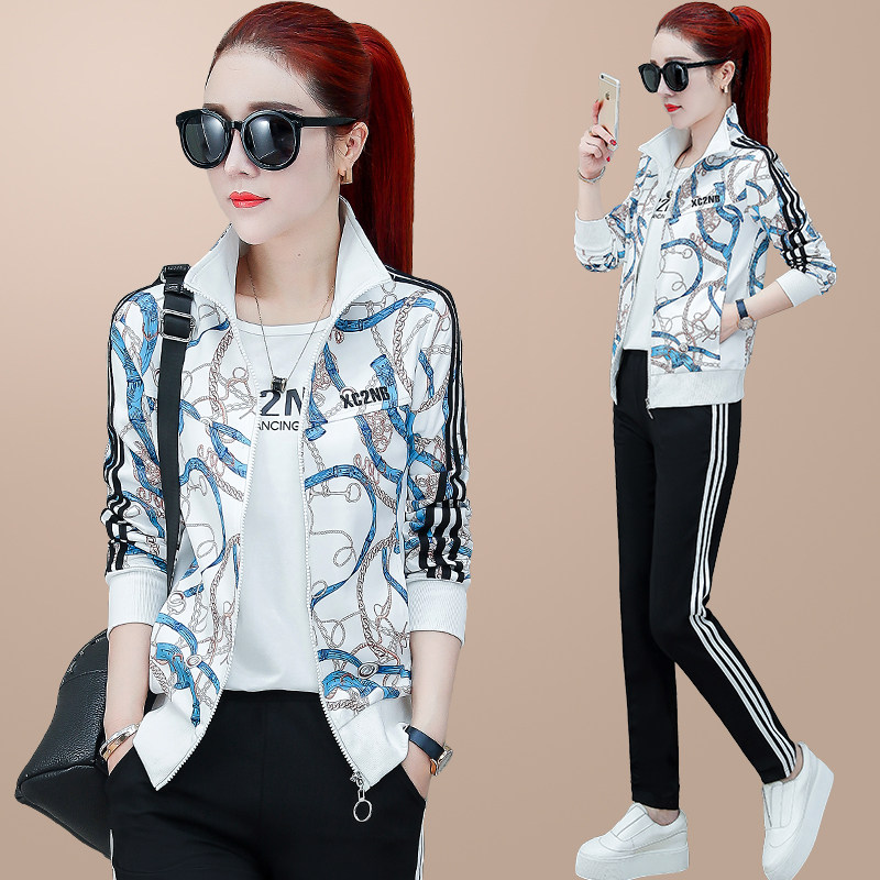 Casual sportswear suit women's spring autumn 2022 new fashion printed three sets of Korean version large size Sizes Sport Clothing