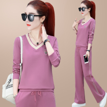Large size slim pullover vneck sports suit women Autumn 2019 new Korean fashion sweater casual two-piece set