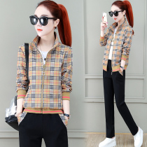 Spring and autumn Plaid sportswear suit women 2021 New Korean fashion foreign atmosphere age slim casual three sets