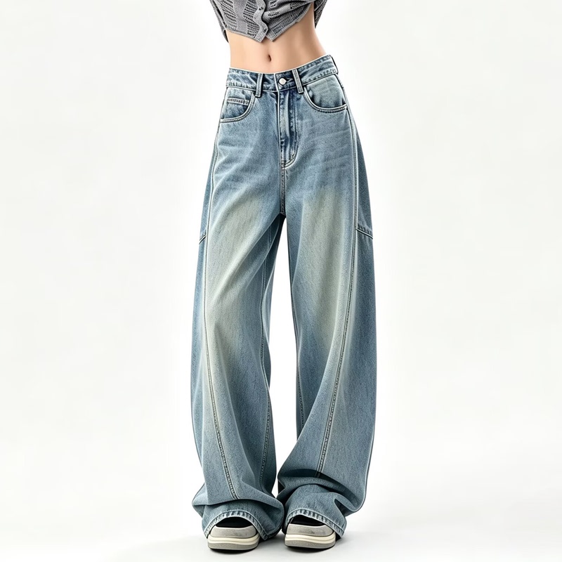 Petite Women's Spring/Summer Wide-Leg High-Waisted Slimming Jeans for Pear-Shaped Body, with a Draping Effect, Washed Casual Pants