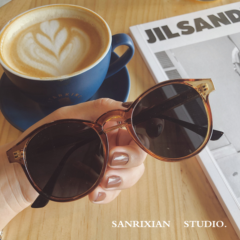 Xu Guanghan same Korean Harajuku style transparent tea brown retro Joker round sunglasses thin polarized sun glasses glasses