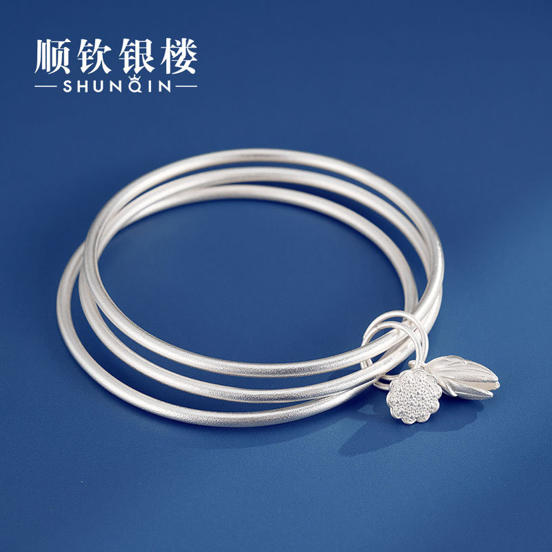 Shunqin Silver Building S9999 Sterling Silver Bracelet Female Two Worlds Happy Feet Silver Bracelet Three Lives Three Worlds Hehe Lotus Heart Silver Jewelry
