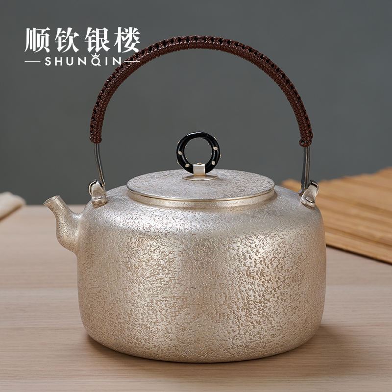 Shunqin Yinlou S999 sterling silver hammered kettle pure handmade kettle household high-end ornaments tea set collections