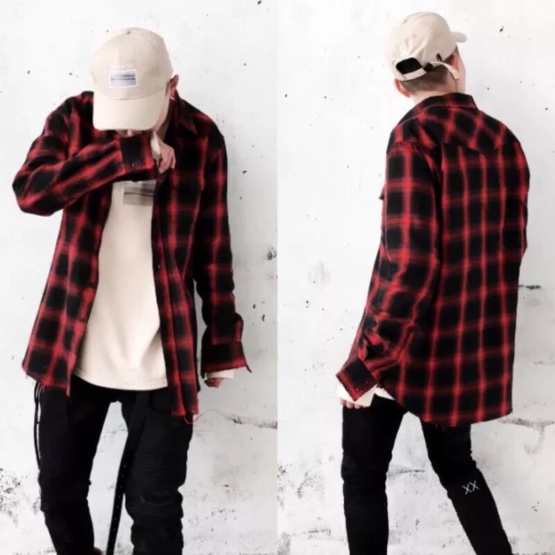 Comnect Design Black and Red Plaid High Street Fashion Shirt Oversize Long Shirt for Couples