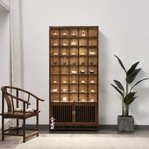 New Chinese style purple sand pot display stand solid wood teacup teapot storage grid elm with lamp glass shelf