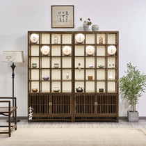 New Chinese style purple sand pot display solid wood tea cup tea set rack old elm small object placement storage lattice rack