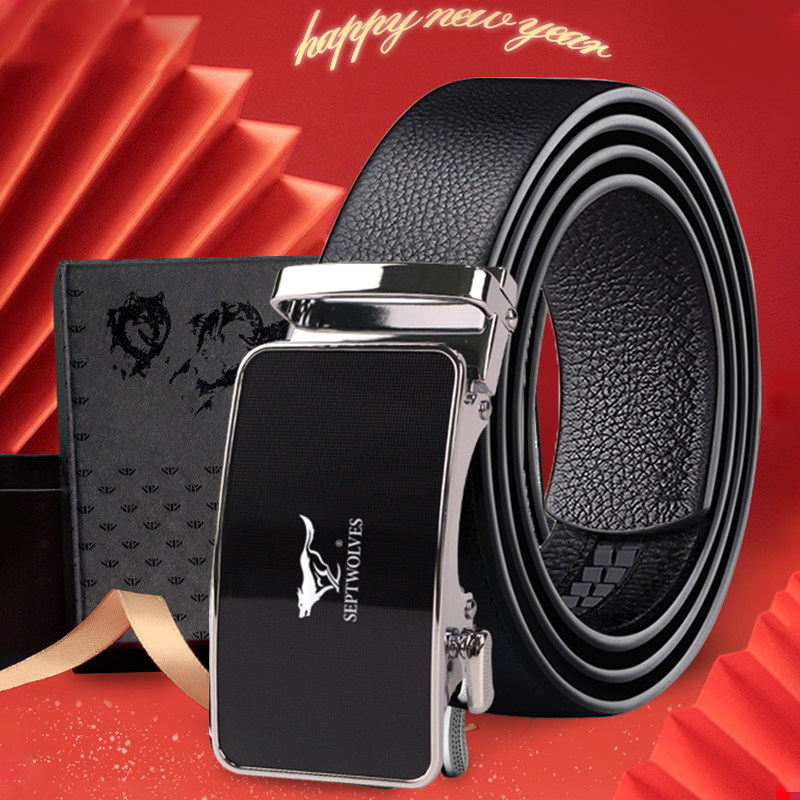 Seven wolves men's belt leather automatic buckle belt youth Korean version of the tide pure cowhide business belt for young people