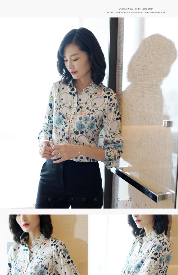 Áo xuân hè Ý mới của phụ nữ áo sơ mi lụa nữ dài tay in áo lụa rộng kích thước lớn áo voan