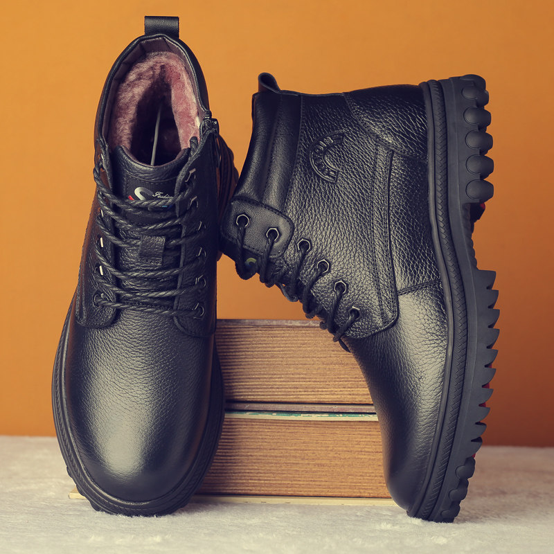 Short boots men's winter new leather wool plus velvet warm thick bottom non-slip middle-aged and elderly dad outdoor cotton leather shoes