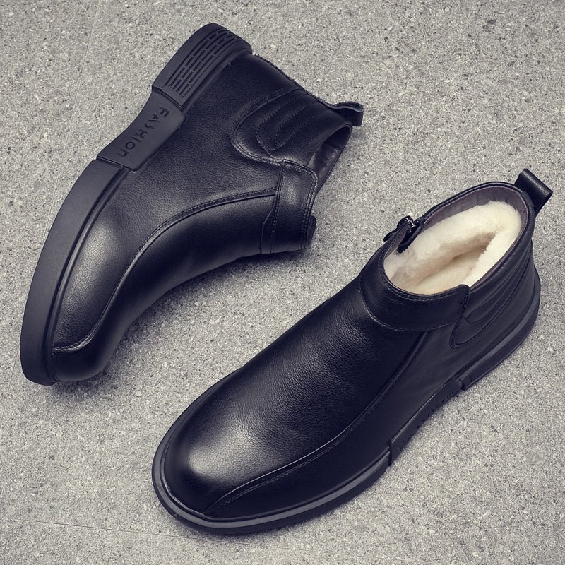 Cotton shoes men's 2021 winter new leather dad high-top short boots plus velvet warm thick-soled sheepskin middle-aged and elderly leather shoes