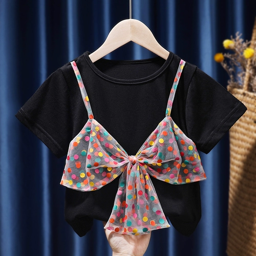 Летняя одежда, детская базовая приятная телу футболка с коротким рукавом для раннего возраста, в корейском стиле, в западном стиле, цветочный принт, в цветочек, короткий рукав, 1-8 лет