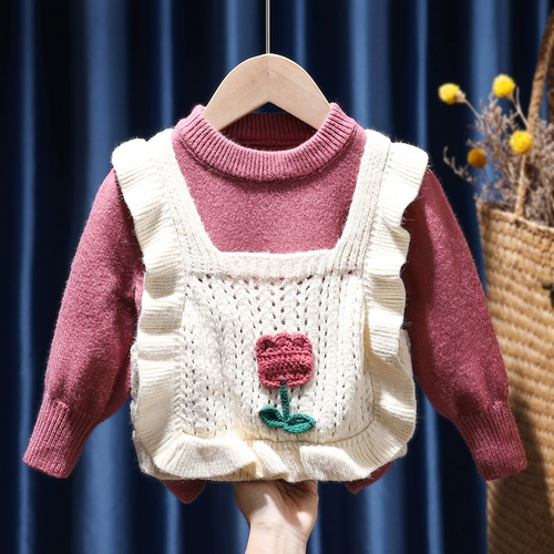 Детский комплект, трикотажный жилет, шерстяной свитер, демисезонное термобелье, детская одежда, в корейском стиле, в цветочек