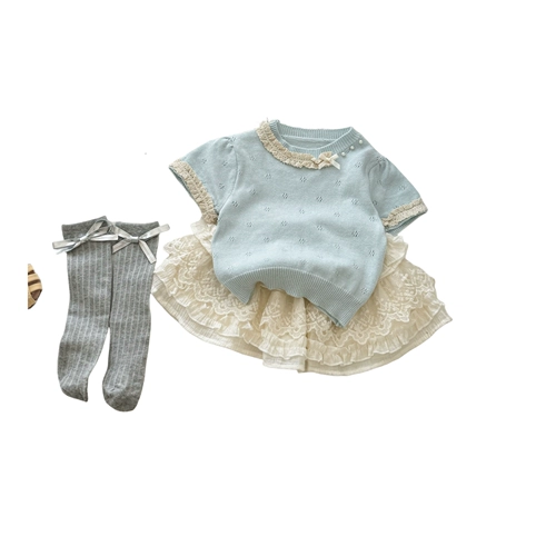 Милый комплект, трикотажная кружевная футболка с коротким рукавом для девочек, юбка