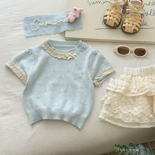 Милый комплект, трикотажная кружевная футболка с коротким рукавом для девочек, юбка