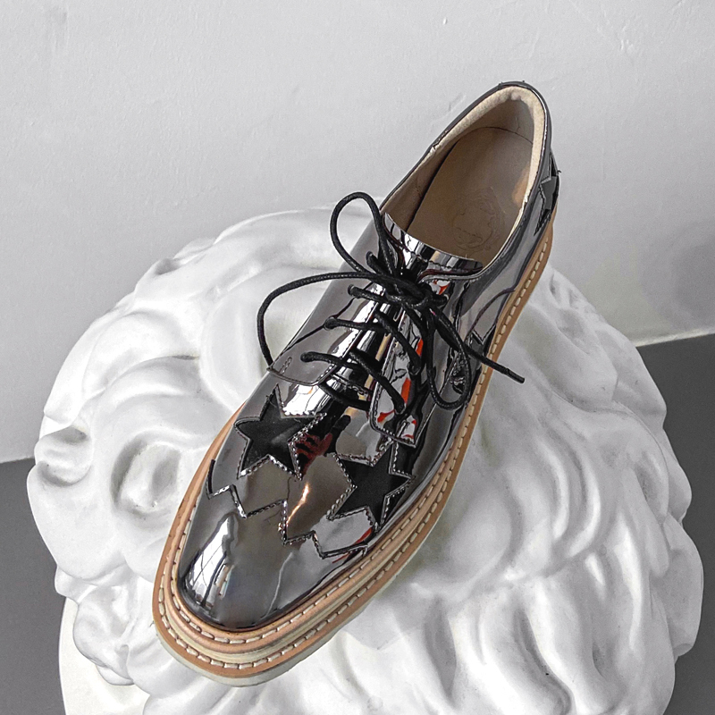 Louis Villiam~ Platform Shoes with Thick Soles, Height-Increasing Wedge Heels, British Style Lace-Up Star Square-Toe Casual Shoes
