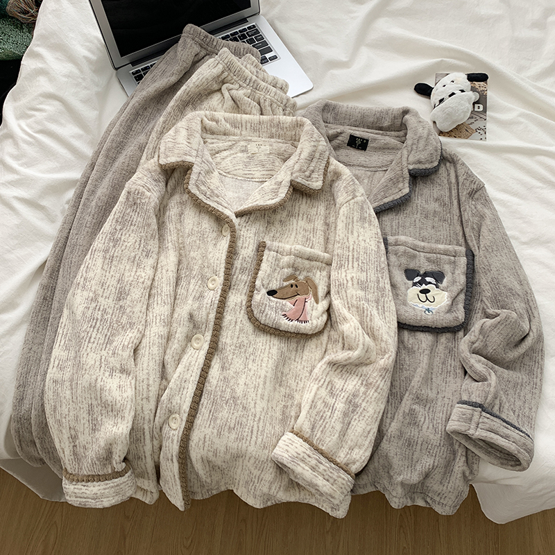 Cute and Soft Puppy Coral Fleece Couple Pajamas for Women, High-End Schnauzer Thickened Flannel Men's Loungewear
