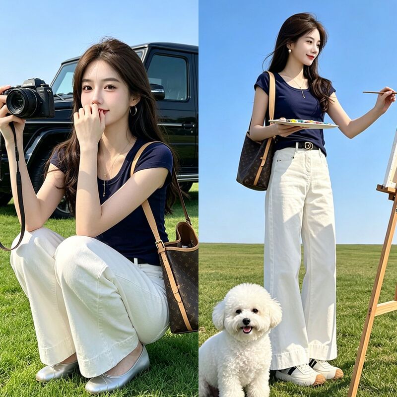 Summer New Unique and Beautiful Niche Short-Sleeved T-Shirt Simple Fashion Set Women's Top Wide-Leg Pants Complete Set