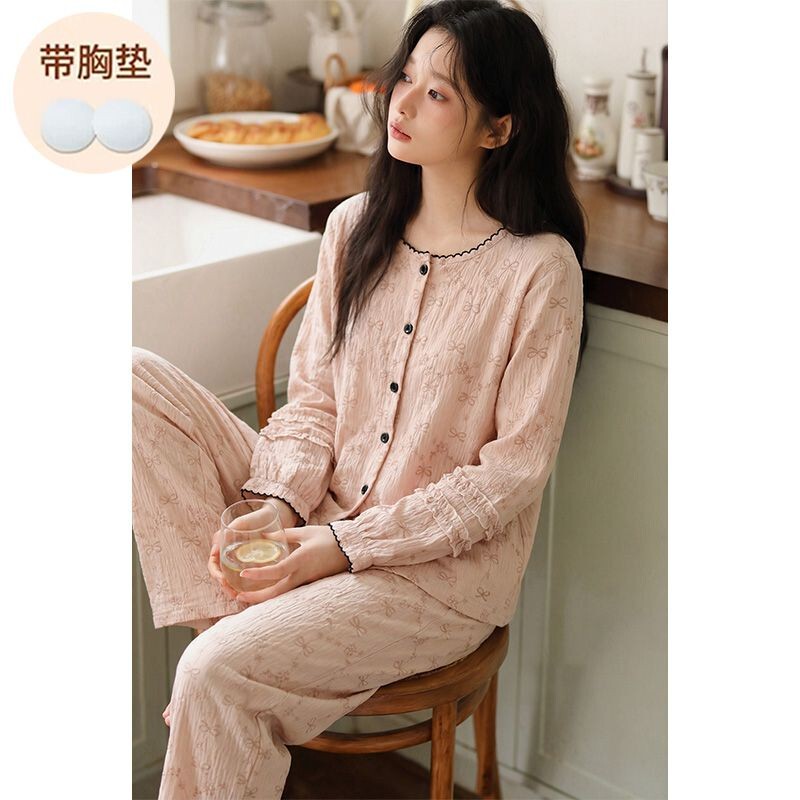 Japanese Gp Pajamas with Chest Pads for Women, New Spring and Autumn Long-Sleeved Pure Cotton Sweet Lace Cardigan Plus Size Loungewear