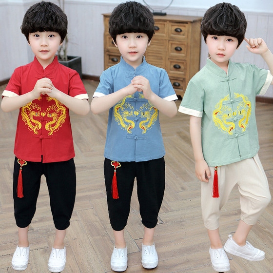 Hanfu boys summer clothes cotton and linen Chinese style boys improved Hanfu children's Tang suit suit ancient style handsome thin style