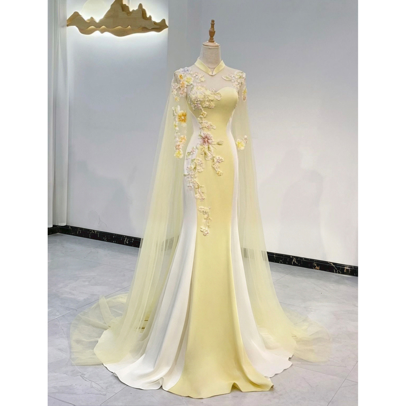 2026 New Style Yellow Host Dress for Vocal Performance Exam, New Chinese Style Long Dress for Guzheng Performance and Solo Show 2026 New Style Yellow Host Dress for Vocal Performance Exam, New Chinese Style Long Dress for Guzheng Performance and Solo Show