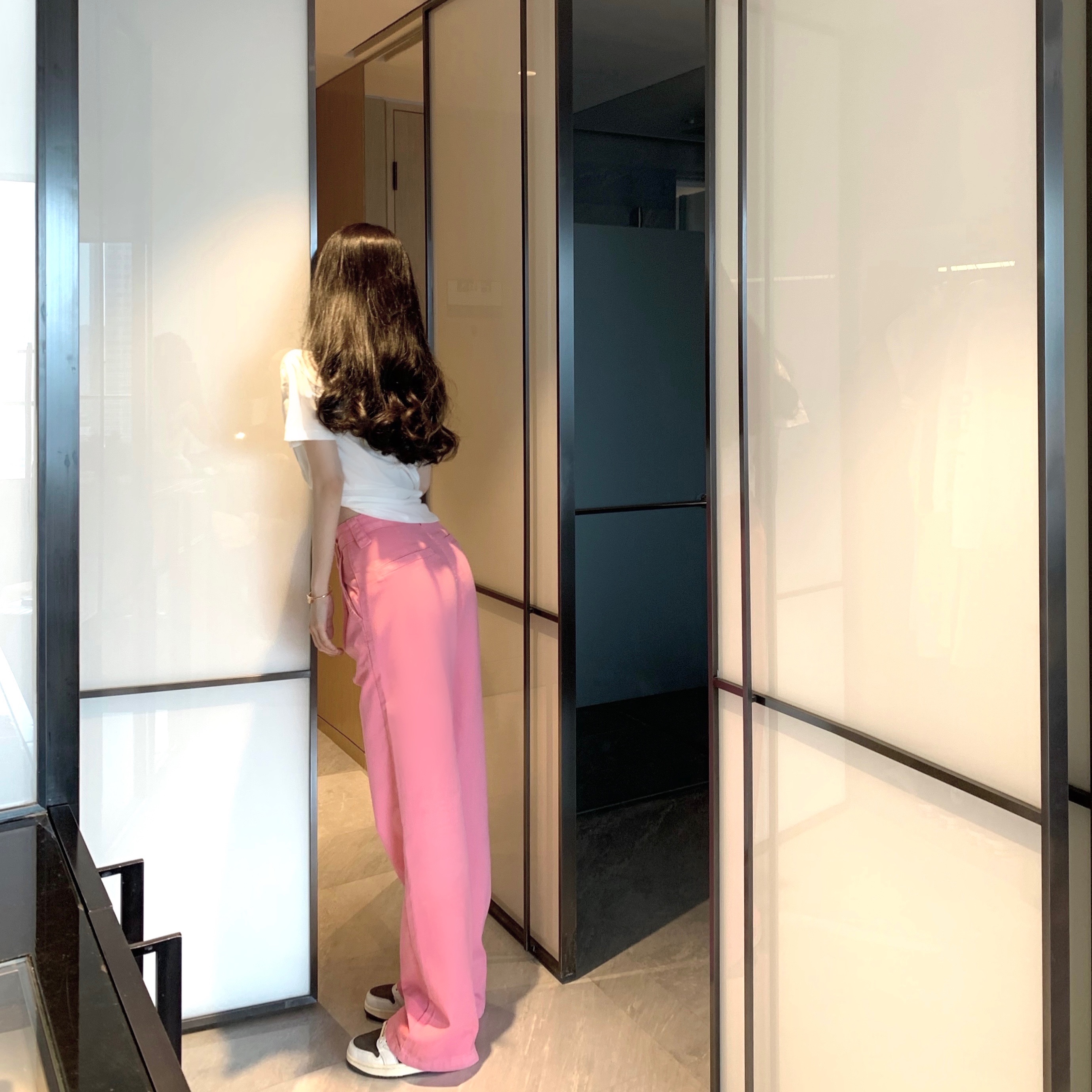 JoyingFeng (no defect) pink high waist casual straight-leg pants women's summer drape floor mopping wide-leg pants