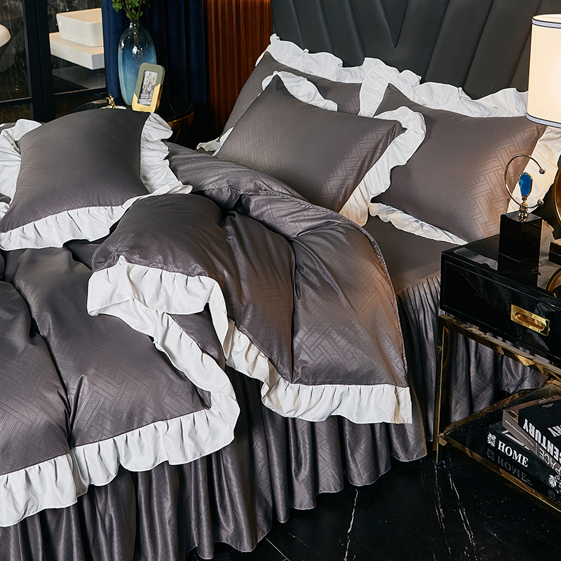 Ice Silk Bed Skirt Style Four Pieces Princess Wind Quilt Cover Washed Real Silk Cool Sensation Single Double Pure Color Summer Bed Bedding