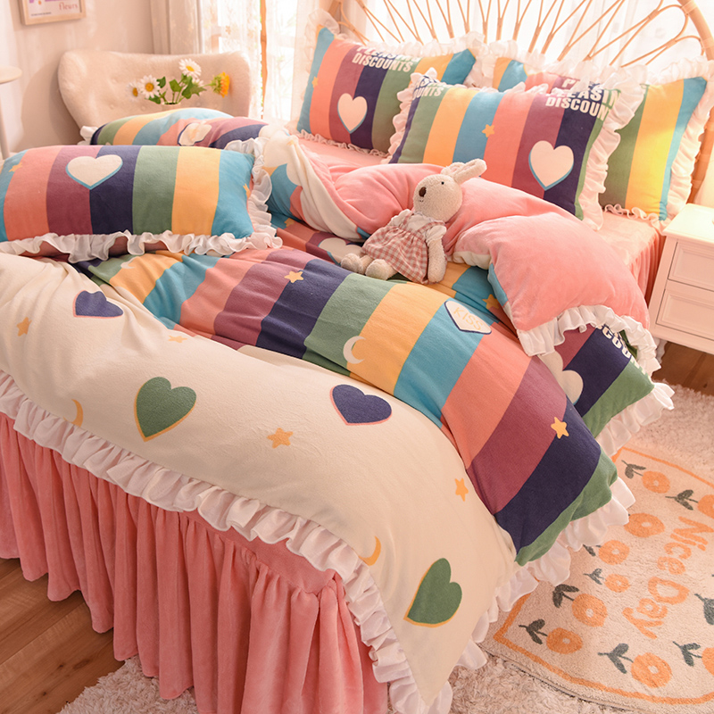 Autumn Winter Bed Winter Coral Suede Bed Skirt Four Pieces Of Milk Suede Flannel Flannel Quilt Cover Three-style bed group