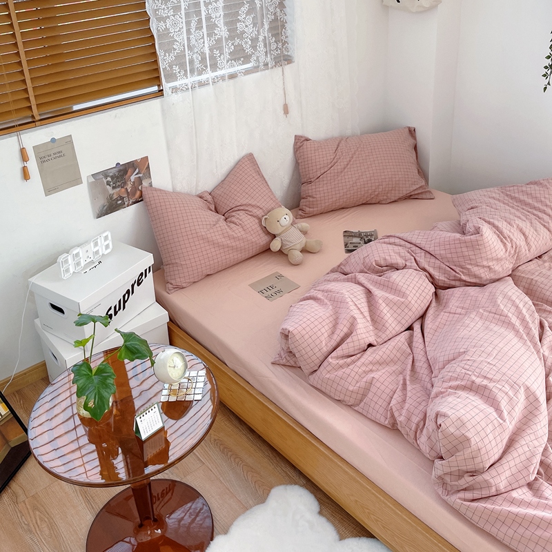 Whole cotton bed with four pieces of covered plaid washed cotton quilt cover pure cotton minimalist small fresh bed Bamboo Hat Bedding Three Sets Of Accessories