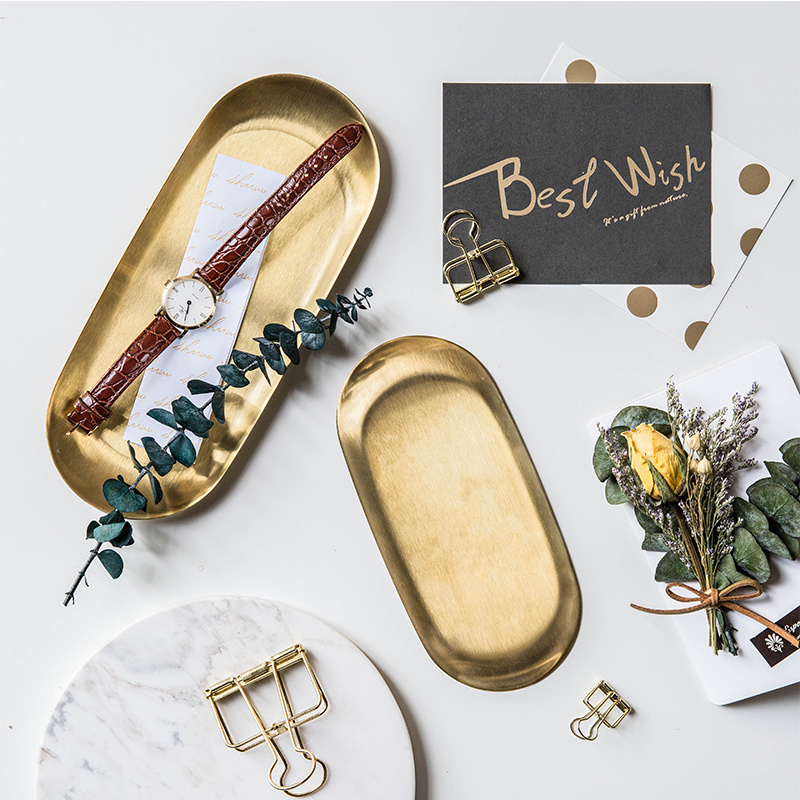 Nordic ins Stainless Steel Gold Oval Jewelry Plate Nordic Home Storage Palette Pastry Cake Plate