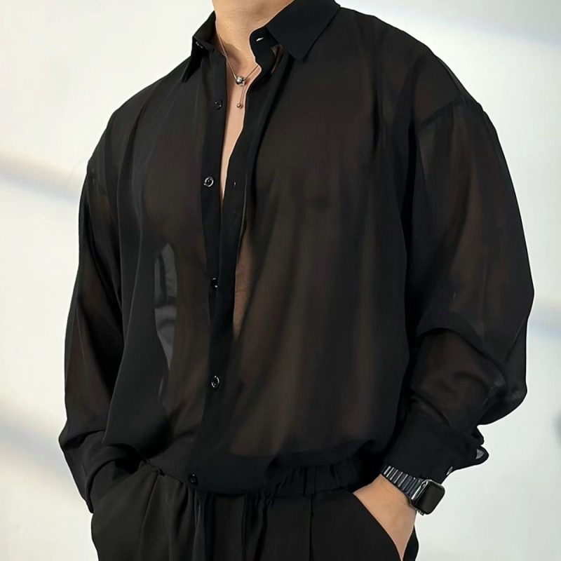 Summer Abstinence-Style Transparent Sheer Shirt, Summer Men's Casual Long-Sleeved Shirt, Cool, Loose, Simple and High-End