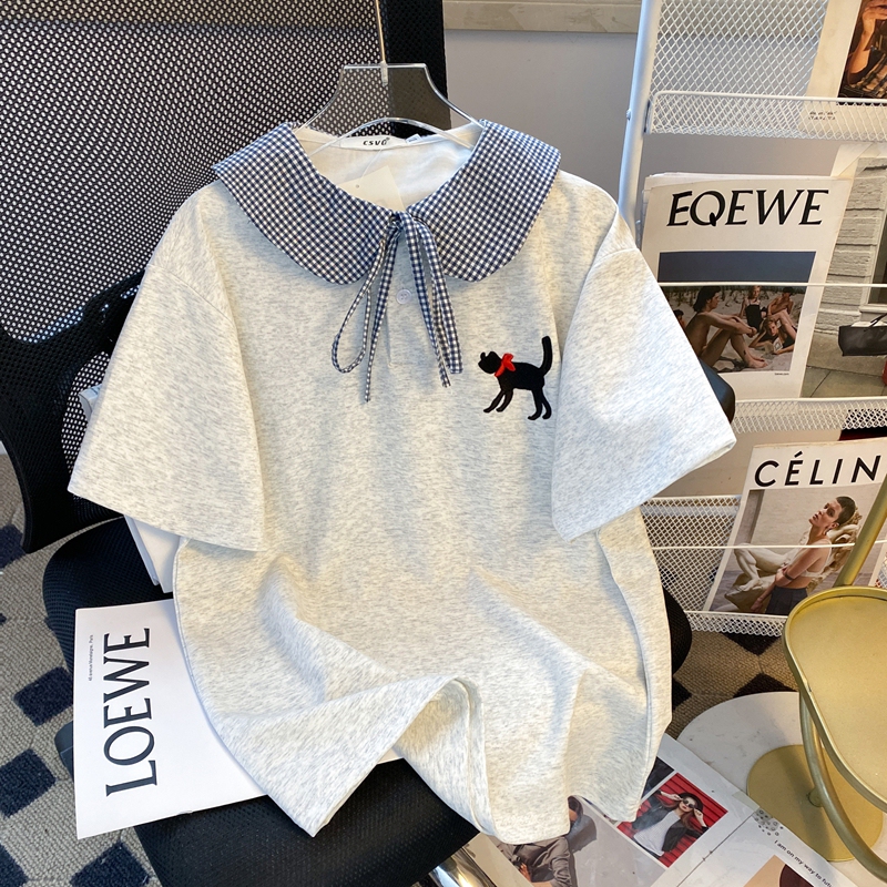 Csvq Original Jk Plaid Doll Collar Summer Short-Sleeved Cute Cat Embroidered T-Shirt Women's Bow Pullover Top