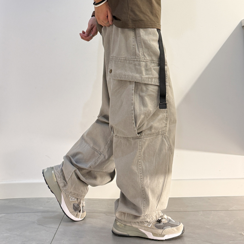Gray Large Pocket Pure Cotton Cargo Pants Men's Pants Plus Size Oversized Drawstring Straight-Leg Pants Cuffed Wide-Leg Pants Trendy Gray Large Pocket Pure Cotton Cargo Pants Men's Pants Plus Size Oversized Drawstring Straight-Leg Pants Cuffed Wide-Leg Pants Trendy