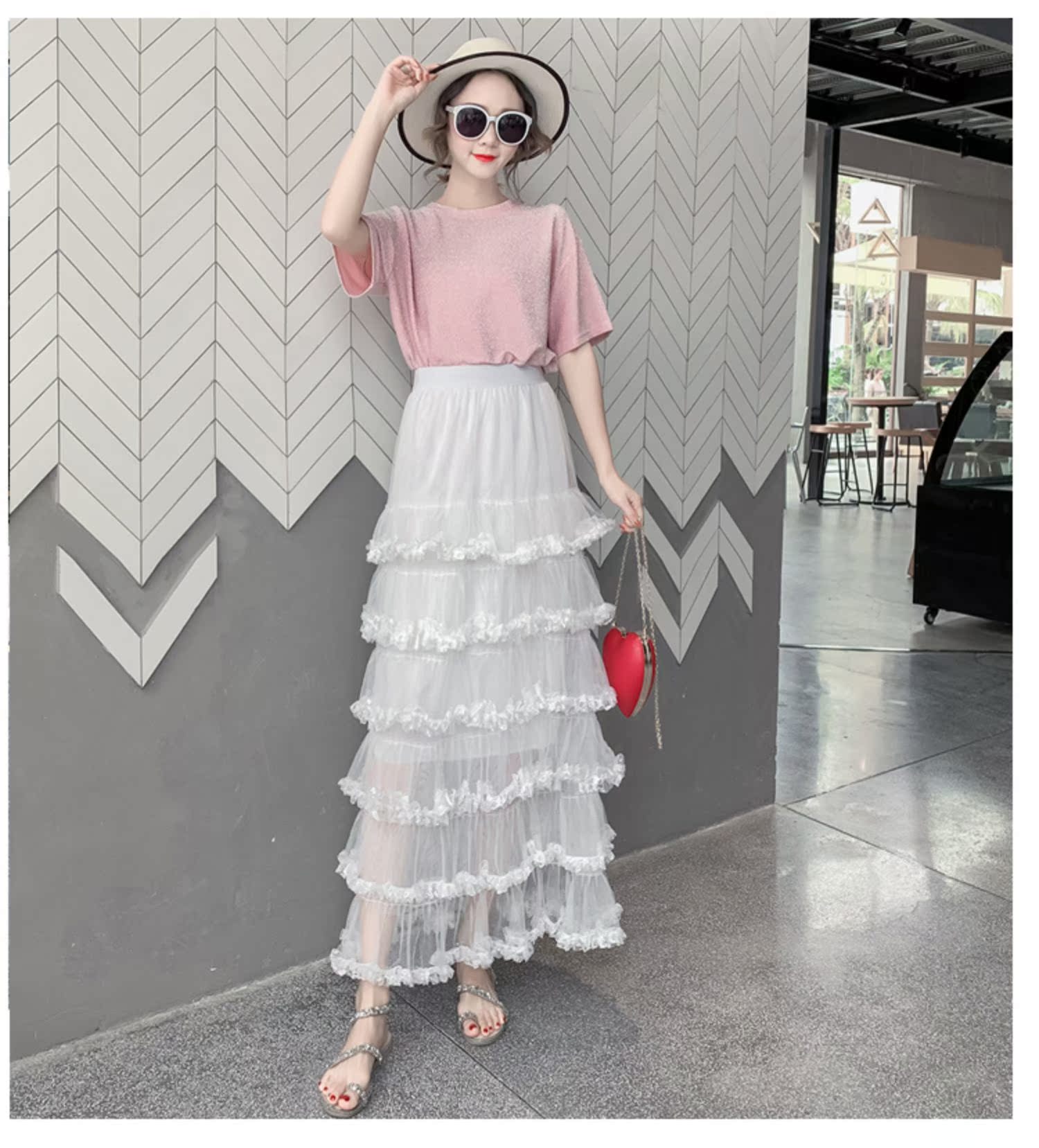 Mùa hè 2019 mới siêu cổ tích váy lưới váy váy đa cấp dài phần nửa váy siêu lá sen - Váy chan vay xep ly
