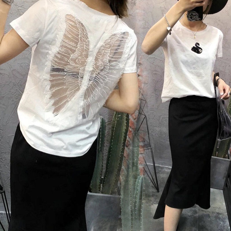 European Style Mesh Hollow-Out Short-Sleeve Women's Summer Top with a Little Swan Design, Slightly See-Through, 2022 New Sexy Backless T-Shirt with Wings