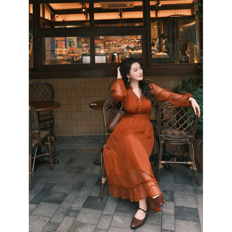 Plus-Size Women's French-Style V-Neck Long-Sleeve Orange Dress That Makes You Look Slimmer, Waist-Cinching and Elegant Long Dress for Chubby Women