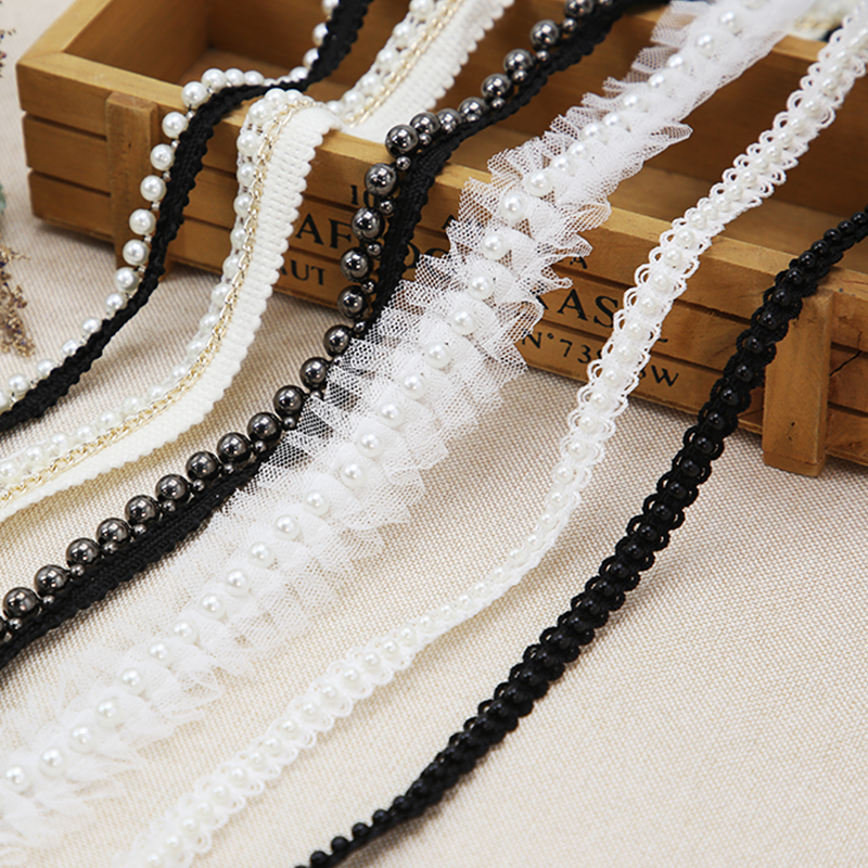 White Beaded Lace Trim Accessories Pearl Collar Lace Band Black clothing Dress decoration Handmade DIY