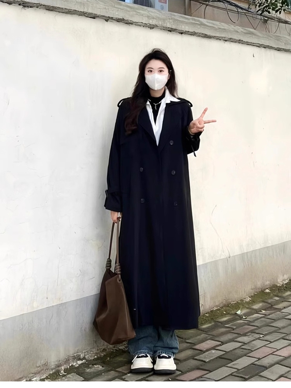 Tall Women's Loose Oversized Trench Coat, Spring and Autumn British Style, Extended Length to Ankle, Trendy Black Coat
