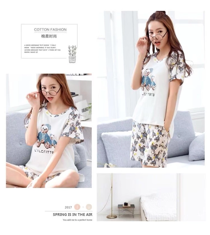 Aoshanjiao đồ ngủ của phụ nữ mùa hè cotton mỏng ngắn tay quần đùi rộng rãi có thể được mặc bên ngoài quần áo ở nhà bộ đồ bình thường phù hợp với hai mảnh - Cặp đôi